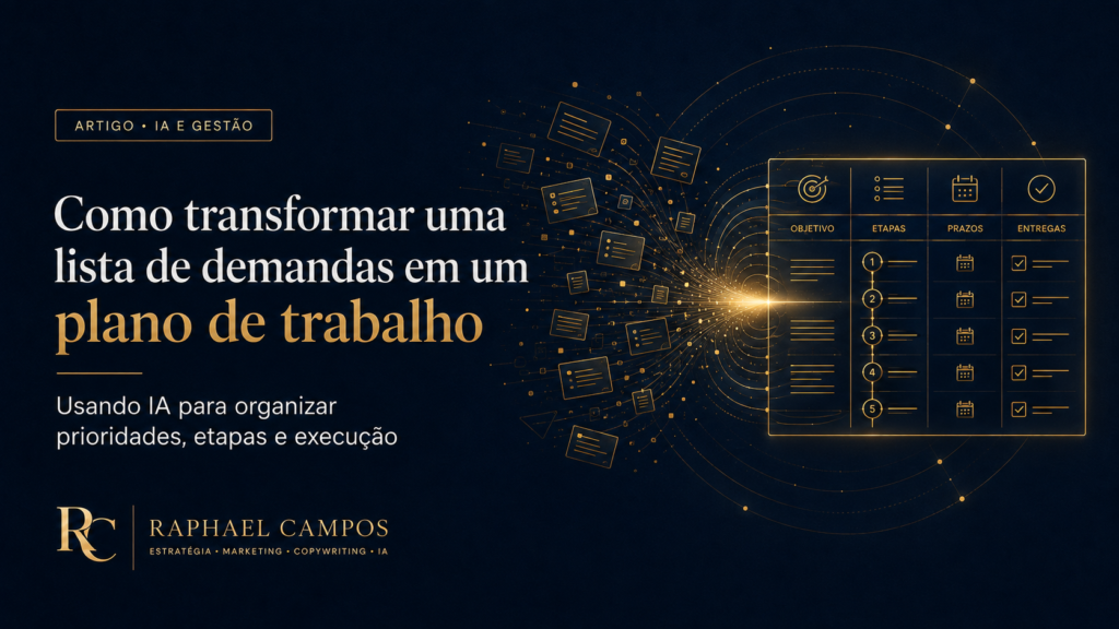 Ter uma lista de demandas é o primeiro passo, mas transformá-la em um plano de trabalho estruturado pode ser um desafio. Descubra como a inteligência artificial pode atuar como uma aliada estratégica, analisando, questionando e organizando suas solicitações em um planejamento coeso e pronto para a execução, sempre com a validação humana.